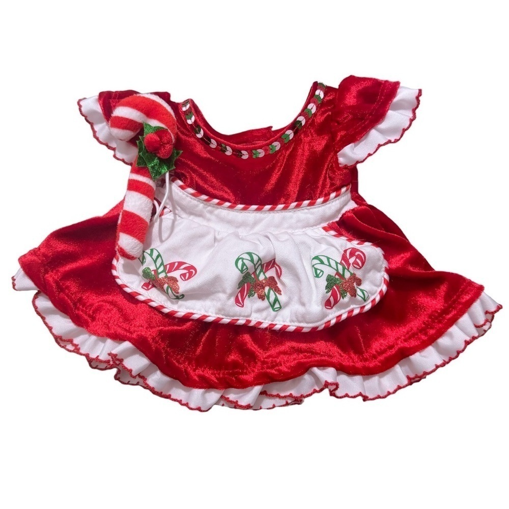 Build A Bear BAB Outfit Red Velvet Christmas Dress Apron & Candy Cane Mrs. Claus